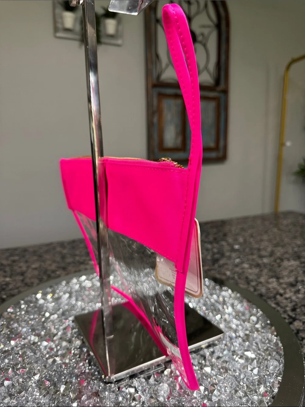 Neon Pink 'SPF' Clear  large Wristlet Cosmetic Pouch NWT